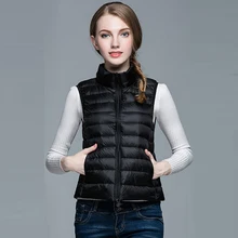 Новые весенние Ultra Light пуховой жилет Для женщин Короткие рукавов Стенд воротник жилет женский Повседневное зима плюс Размеры пуховой жилет fp0399