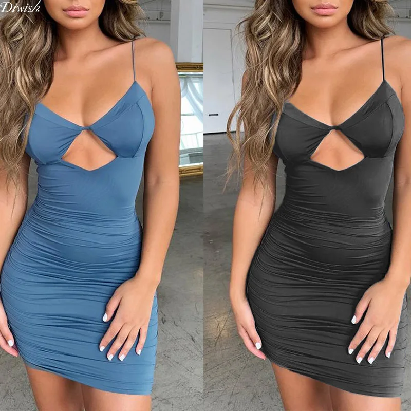 

Diwish Women Backless Spaghetti Strap Dress Black Bodycon Sexy Club Dresses for Women Ladies Pleated Strapless Blue Dress