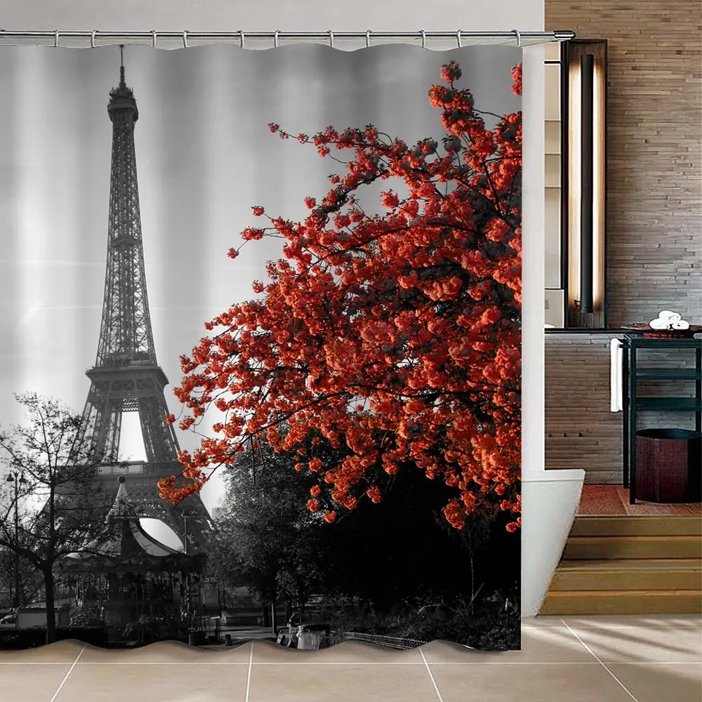 Waterproof Grey Paris Eiffel Tower Custom Bathroom Shower Curtain