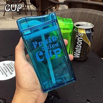 

Creative square personality Juice plastic cup Portable Water Bottles with straw free shipping