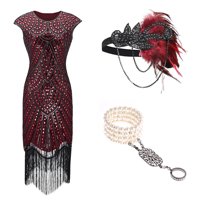 

1920s Gatsby Sequin Fringed Paisley Vintage Beaded Flapper Party Dress with 20s Accessories Set Pluse Size(Black/White/Blue/Red)
