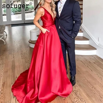 

Red Elegant Prom Dresses with Pockets Satin V Neck Red Evening Gowns Long Party Gowns Robe De Soiree Sexy Formal Dresses