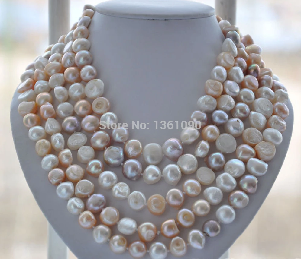 

00447 LONG 14mm white pink lavender baroque FRESHWATER pearl necklace 100inch