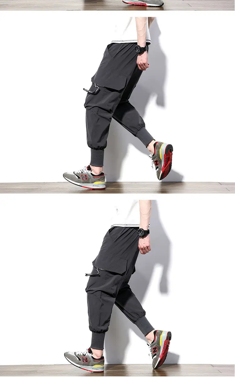 Штаны-шаровары в стиле хип-хоп Для мужчин одноцветное Цвет военных грузов брюки с карманами на молнии Японии Стиль шнурок упругие талии брюки мужские