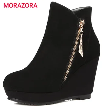 

MORAZORA 2018 new fashion super high heel women boots autumn winter round toe ankle boots zipper platform wedges boots