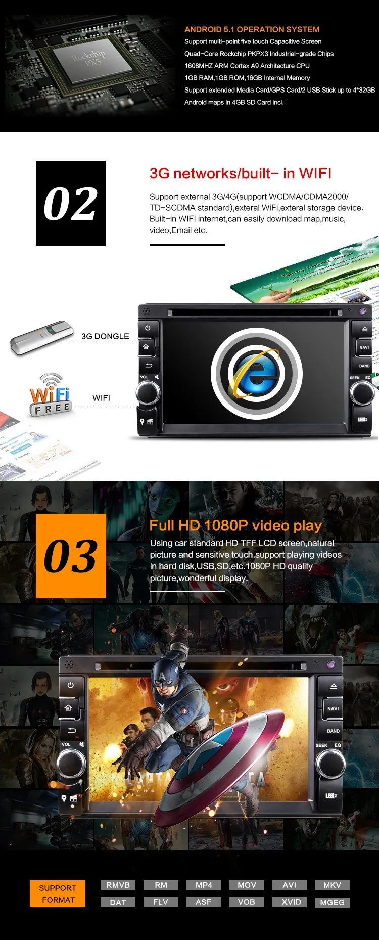 Excellent 6.2" Quad Core Android 5.1.1 Double Two 2 Din Car Stereo Audio Head Unit Autoradio Headunit 3G WIFI DVR Bluetooth Handsfree 5