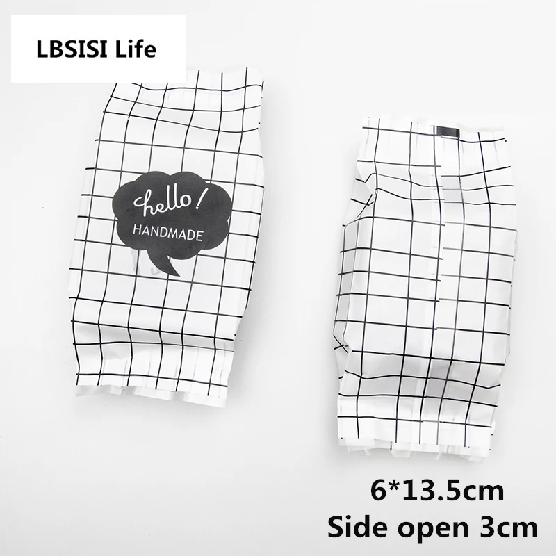 

LBSISI Life 50pcs Lattice Hello Hand Made Flat Cookie Bags Food Biscuit DIY Baking Packing Plastic Self Stand Bag