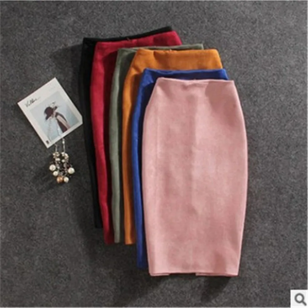 

Women Skirts Solid Suede Work Wear Package Hip Pencil Skirt Autumn Winter Lady Bodycon Bandage Skirts Pink Vintage Split Skirts