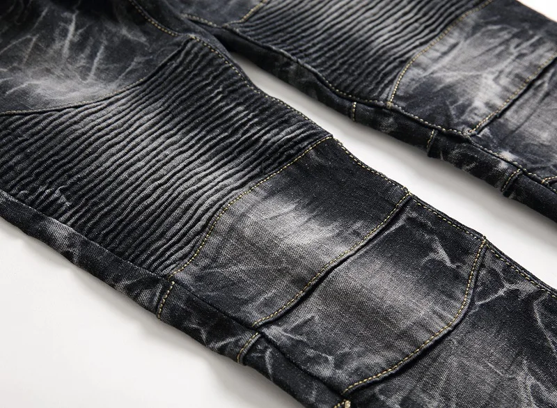 Хип-хоп Стиль Для мужчин плиссированные джинсы новые осенние Для мужчин прямые длинные джинсы Высокое качество Для мужчин мото Байкер