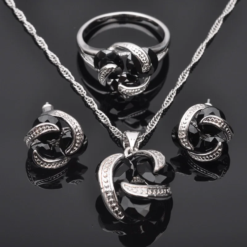 Горячая черный кубический цирконий для женщин 925 пробы Серебряные Ювелирные наборы серьги/кулон/ожерелье/Кольца QZ0171