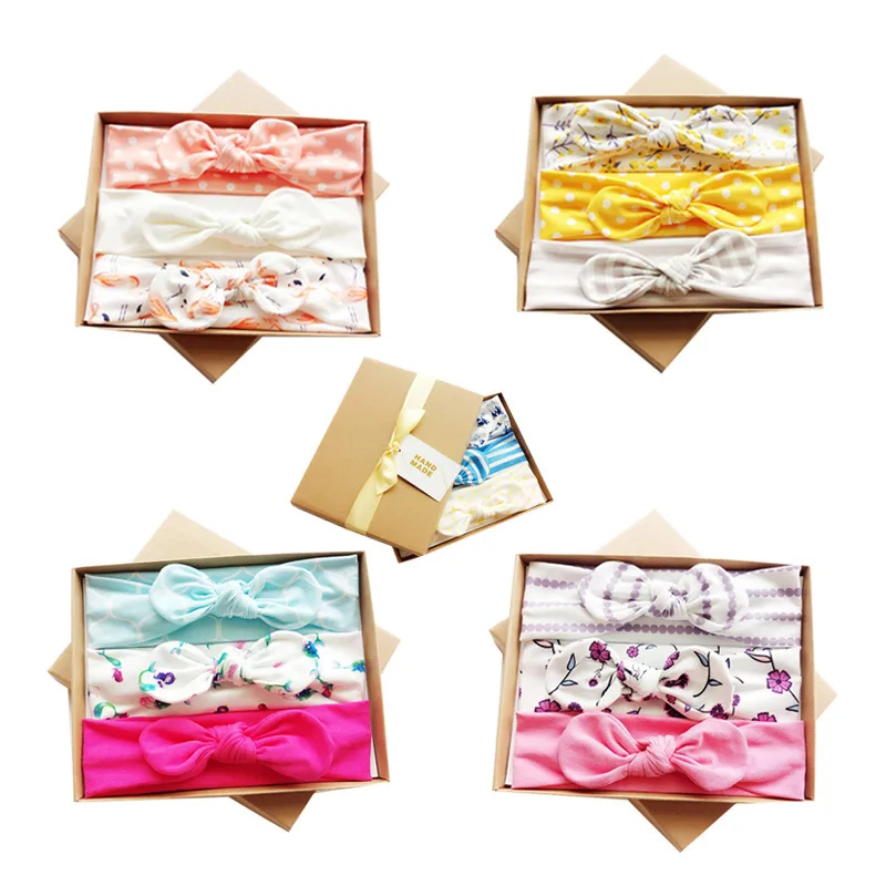 

MIXIU 3pcs/set Newborn baby Kids Gifts Elastic Hair Band Girls Headwear Flower Bowknot Turban Hair Accessories Gifts box Package