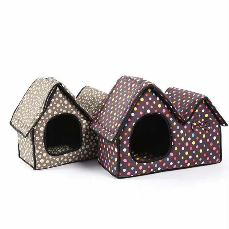 

Pet Bed Dog Cat Puppy House Double-roof Cushion Mat Soft Comfortable Removable Cover Handle Cute Sleep Gray Brown