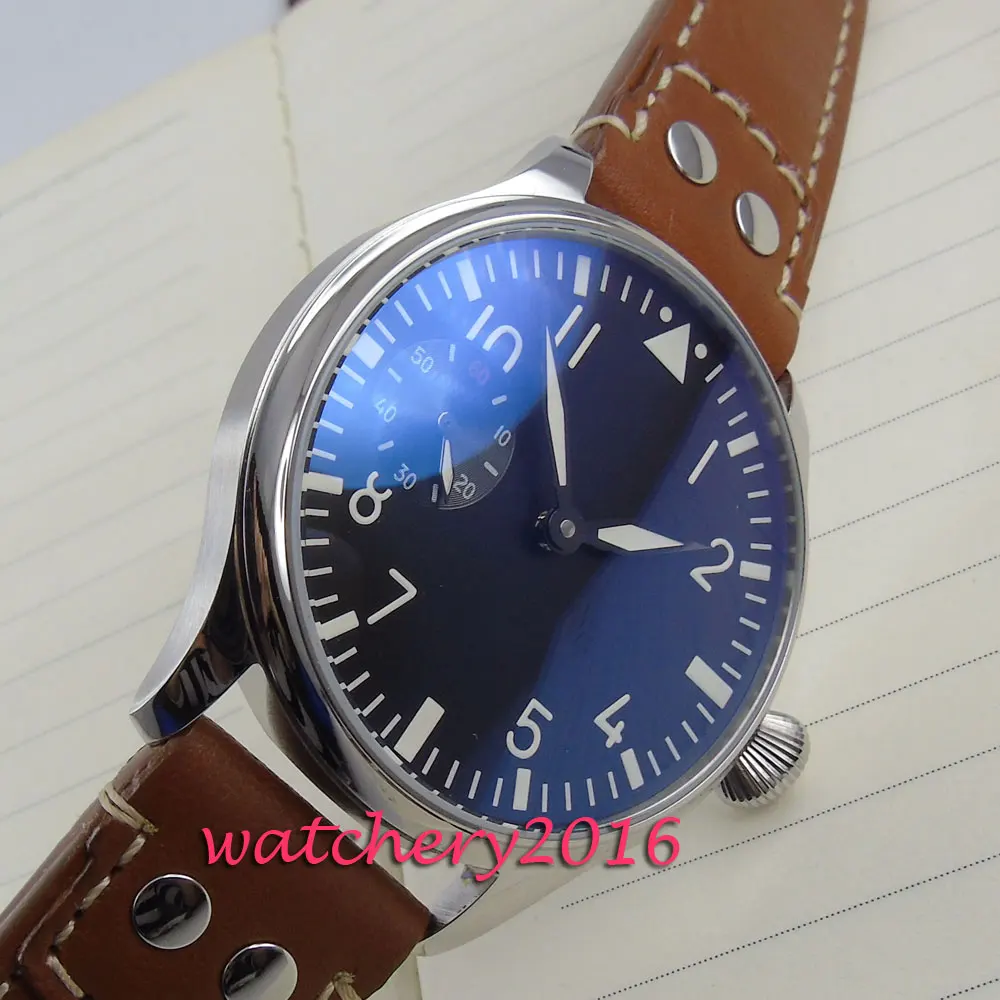 44mm Parnis black dial brown leather hand winding 6497 movement Mens Wrist Watch 44mm Parnis black dial brown leather hand winding 6497 movement Mens Wrist Watch