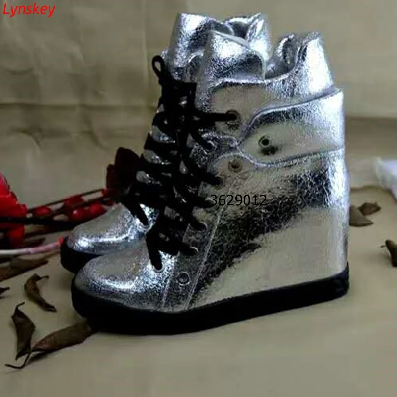 

Ladies Hidden Heels Height Increase 8cm Womens Silver Wedge Boots Lace up High top Women Casual Shoes