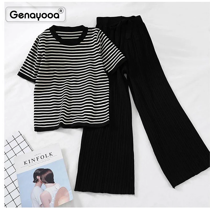 

Genayooa Office Lady 2 Piece Set Women Pants Knitted Summer Elastic Waist Striped O-neck Tshirt Two Piece Set Pants 2019