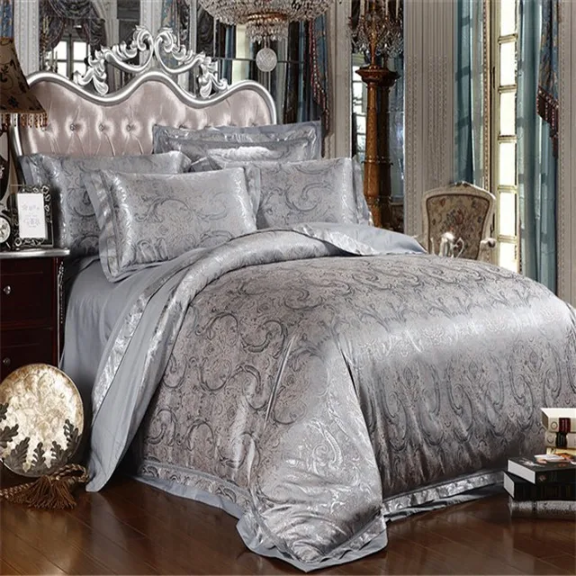 Silver Grey Satin Silk Jacquard Bedding Set Comforter Quilt Silver Grey Satin Silk Jacquard Bedding Set Comforter Quilt Duvet Cover Bed Sheet