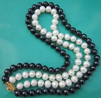 

FREE SHIPPING>>>@@ > N1489 CLASSIC DOUBLE STRANDS 8-9mm NATURAL TAHITIAN BLACK+ WHITE PEARL NECKLACE