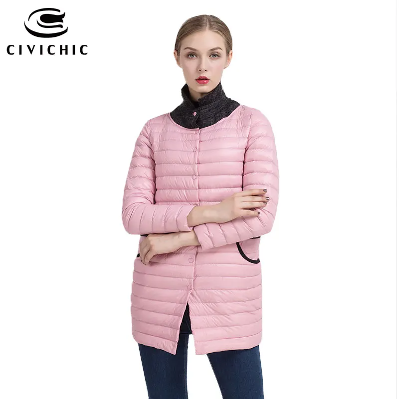 

CIVICHIC Top Grade Woman Ultra Light Down Jacket Faux Wool Lapel Collar Coat Mid Long Slim Eiderdown Warm Out Buttons Wear DC517