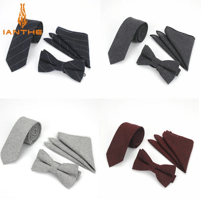 

Fashion Ties Bowtie Pocket Square Men's Neck Tie Set Plaid Check 100% Cotton Skinny Slim Narrow Necktie Bow Hankies Sets 3PCS