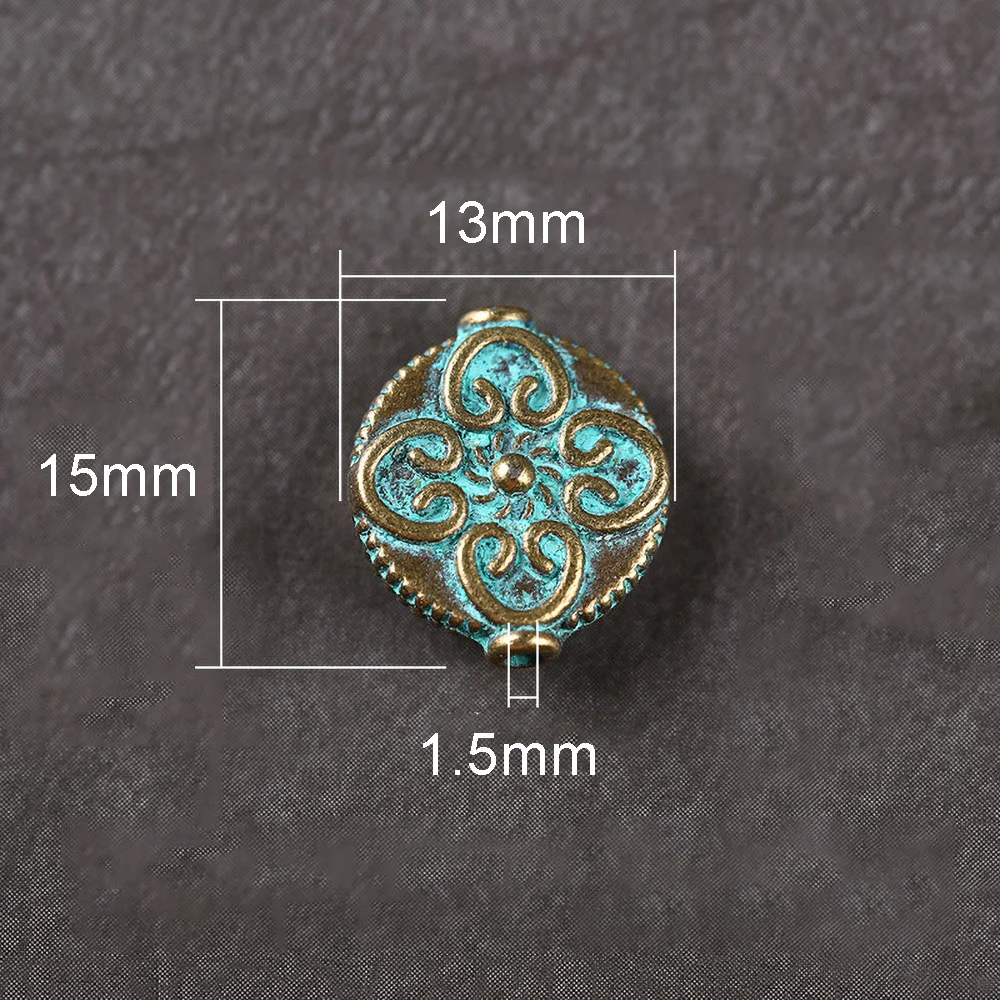 Круглые плоские бусины в форме цветка, 10 шт., 13х15 мм, зеленовато-медные шармы, покрытые патиной, для самостоятельного изготовления браслетов и других ювелирных украшений, модель 27046