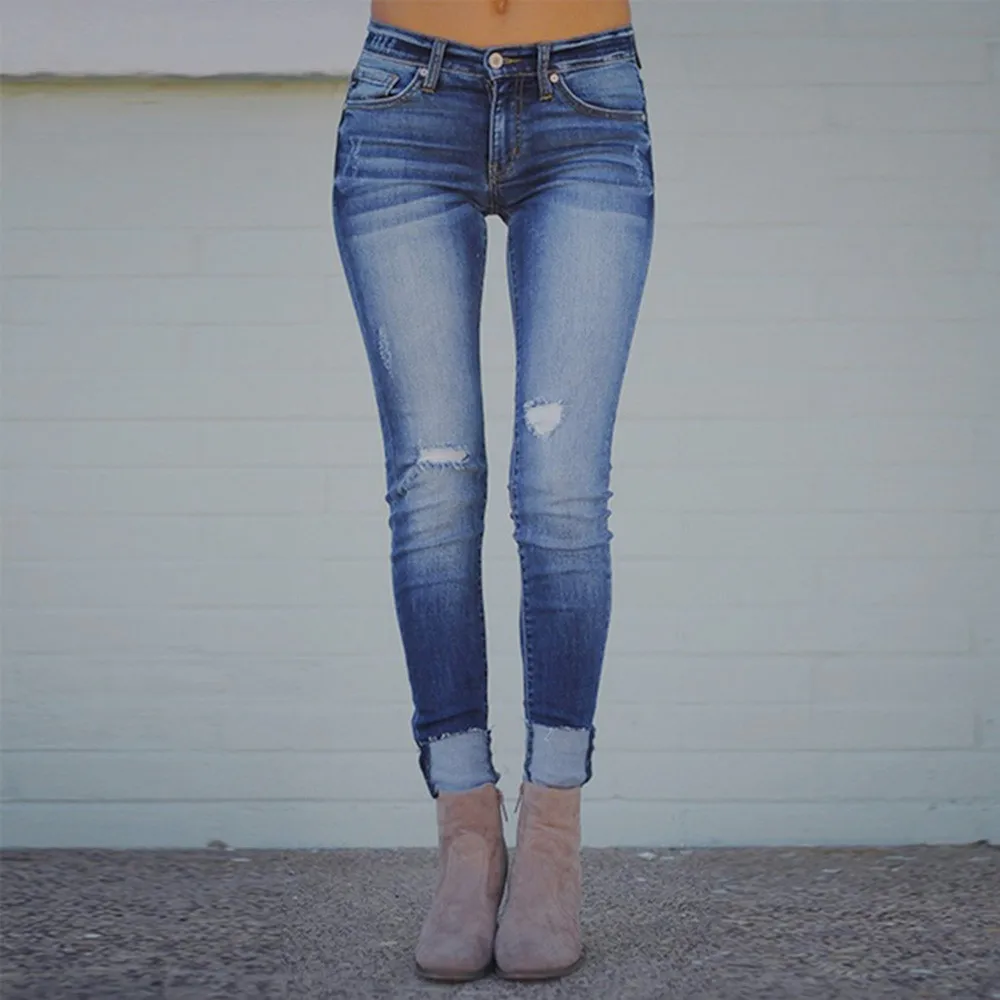 2019 Для женщин осень упругой плюс свободные отверстия Джинсовые Повседневное Маленькие ноги укороченные Jeans_3.15