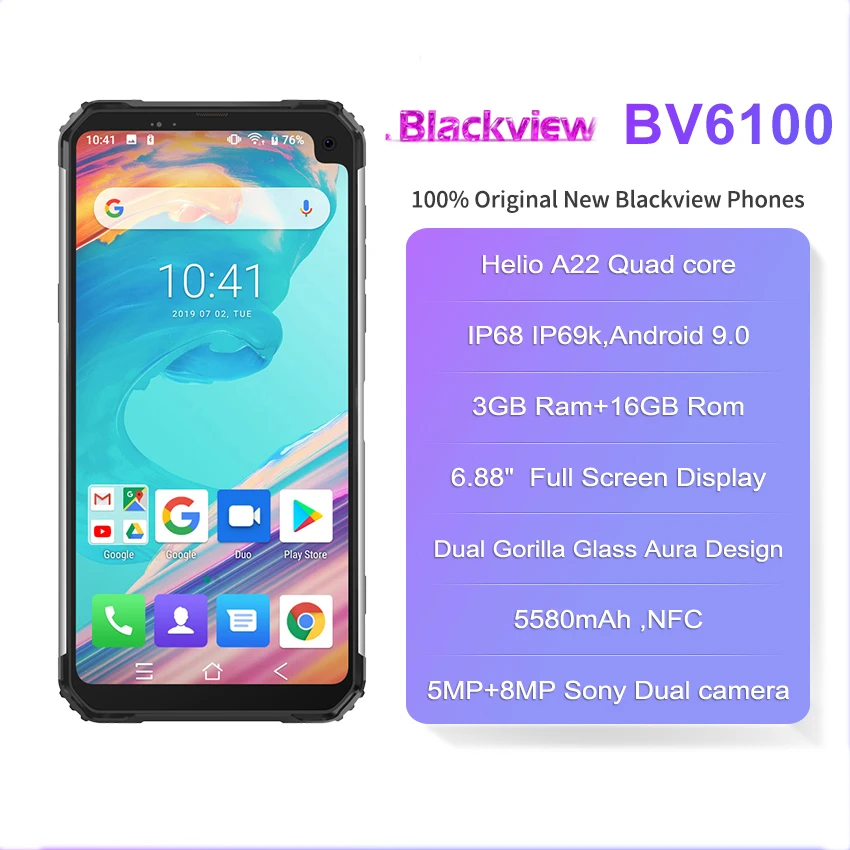 

Blackview BV6100 Cellphone Android 9.0 SmartPhone NFC 3GB RAM 16GB ROM Mobile Phone 6.88" Full Screen 5580mAh IP68 IP69k 5MP+8MP