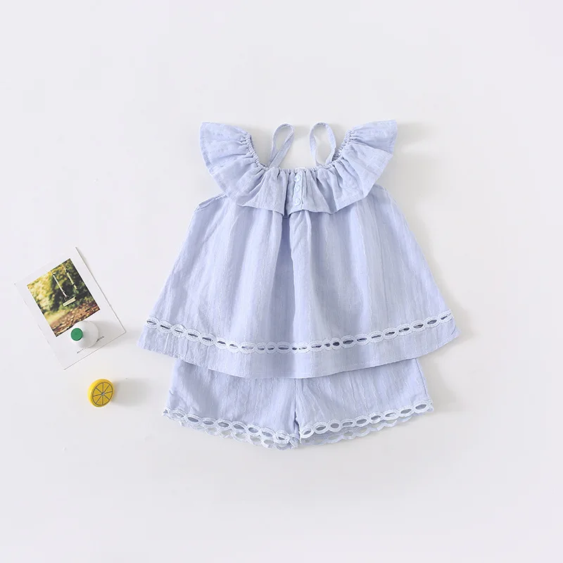 

Summer Baby Girl Clothes Fashion Korean Version Of The Solid Color Fresh Off-The-Shoulder Sling Tops+Lace Shorts Girls Outfits