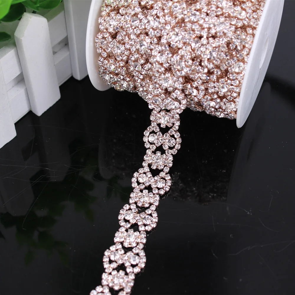 

Fancy Rose Gold Fashion Crystal Rhinestone Cup Chain Trimming Bridal Dress Decoration For Wedding Dresses Garment Applique trim