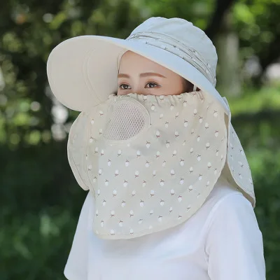 PLOERMIN Новая защитная Кепка, летние солнцезащитные шапки для женщин, солнцезащитный крем для лица с широкими полями, дышащая Рыбацкая шляпа, Солнцезащитная маска для улицы - Цвет: Beige
