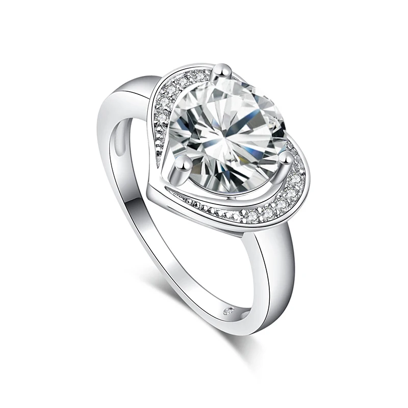 

QCOOLJLY White Heart Shape Shining 1pc Silver Color CZ Enchanting Woman's Wedding Ring Size 7-9