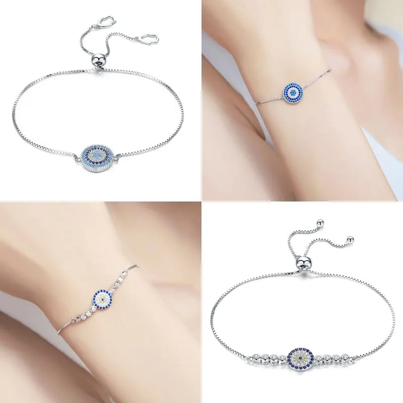 Pulseira, BISAER, 925 пробы, серебро, Лаки, голубой глаз, божьи глаза, женские теннисные браслеты, женские модные ювелирные изделия из стерлингового серебра ECB002