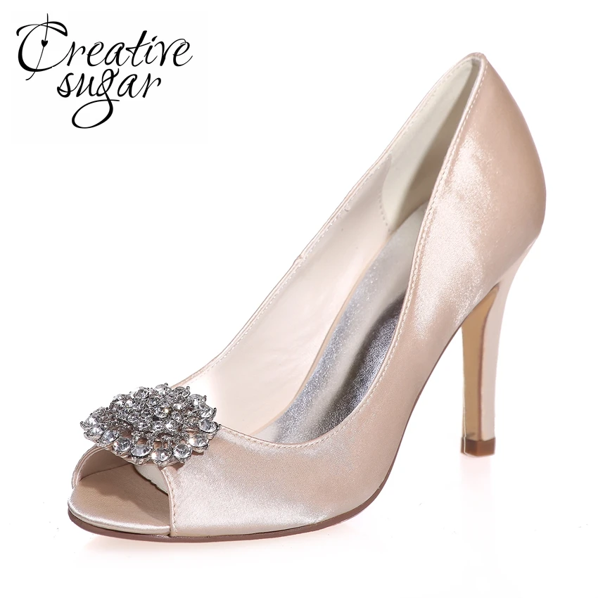 

Creativesugar Sparkle crystal brooch open peep toe satin dress shoes evening party prom pumps bridal wedding red ivory silver