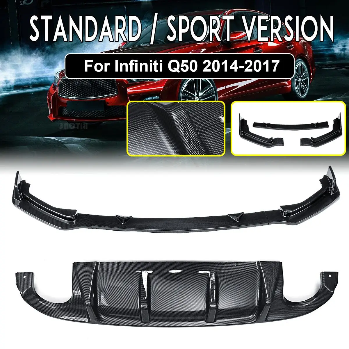 

2PCS Car Rear Bumper Front Deflector Spoiler Splitter Diffuser Bumper Carbon Fiber Bumper Splitters For Infiniti Q50 2014-2017