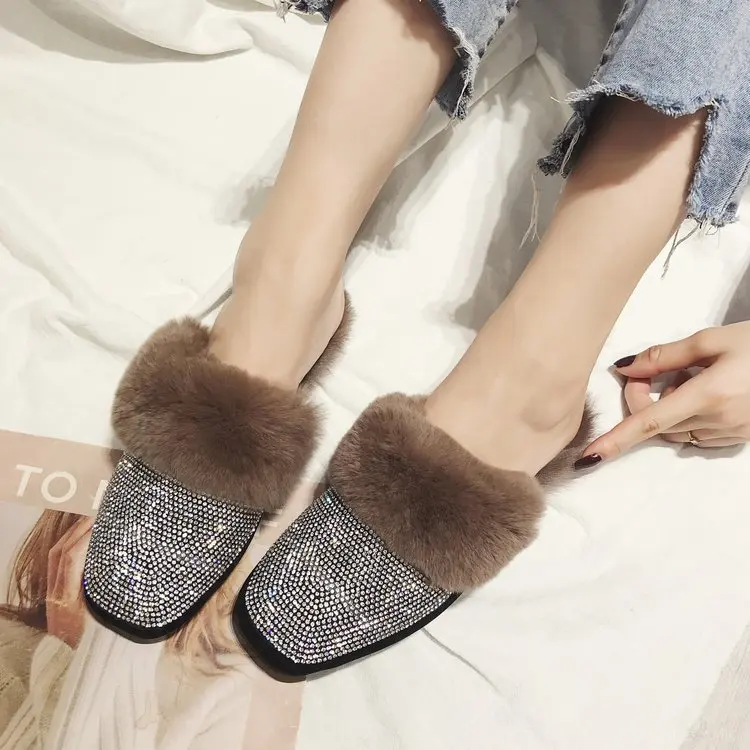 

HALLUCI winter fur slippers women shoes Korean crystal furry mules warm plush slides slip on flats British Outdoor Women Loafer