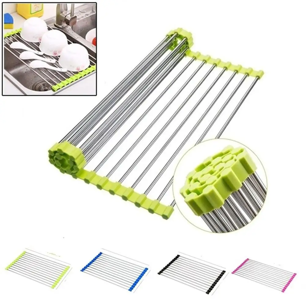 

PVC Stainless Steel Drain Rack Vegetable And Fruit Kitchen Sink Rack Large Multi-function Roll Up Kitchen Tools