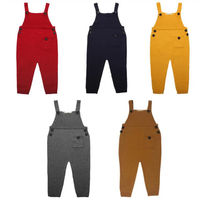 

1-5Y Autumn Baby boys clothes Pocket Knitted baby Rompers Overalls Jumpsuits Boys Girls Candy Color Bib Harem Pants Kids Clothes