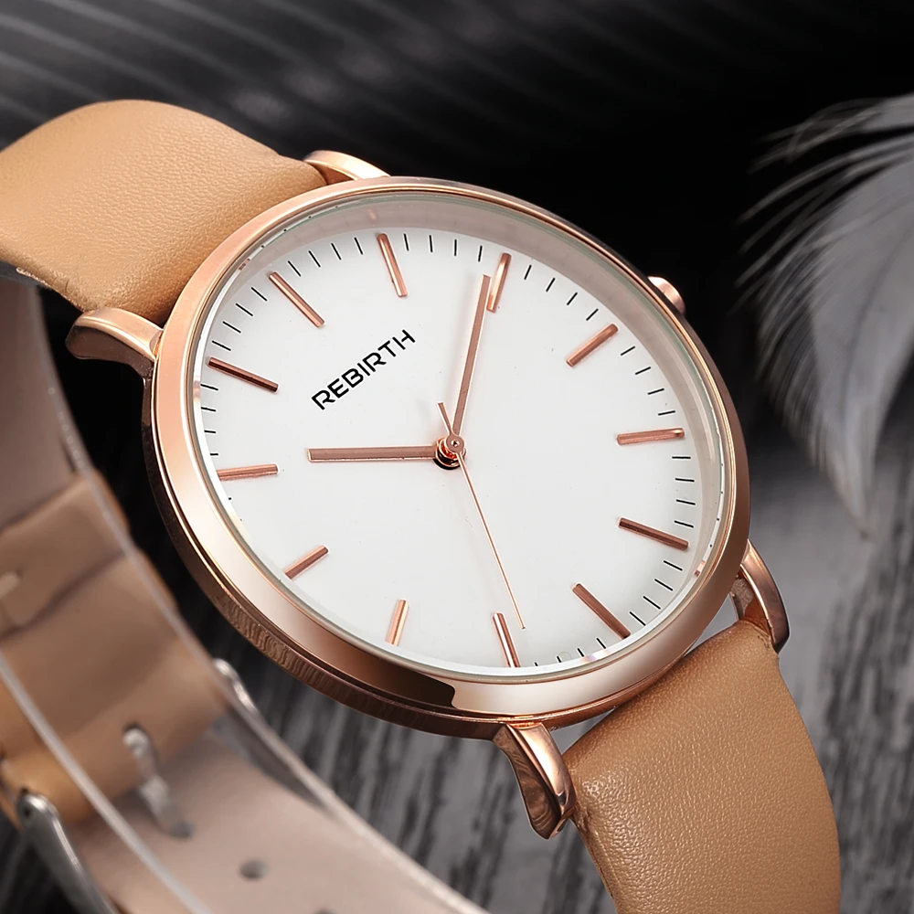 

Brand REBIRTH Watches Women Leather Rose Gold Silver ladies Fashion Dress Casual Quartz Clock Women Wristwatch Montre Femme