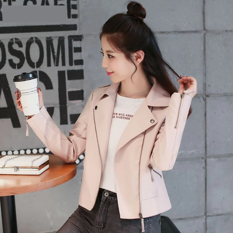 Pink Leather Jacket Women 2017 Spring Jackets Women Faux Biker Moto Leather Coats Ledermantel Belt Perfecto Femme Cuir