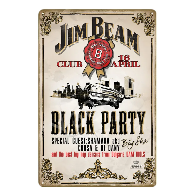 Ретро вино пиво бренд Jim Beam виски оловянные знаки черные вечерние металлические плакаты стены искусства стикеры Паб Бар Клуб домашний декор YQZ094