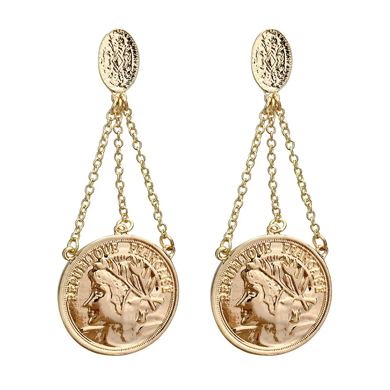 

SRCOI Vintage Queen Coin With Multi Chains Drop Earrings Gold Color Round Face Earrings Bohemia Statement Brincos Pendientes New