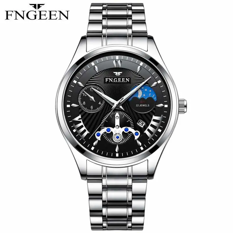 

FNGEEN Modern Fashion Quartz Watch Men Stainless Steel Watchband High Quality Casual Wristwatch Sun and Moon Stars Design