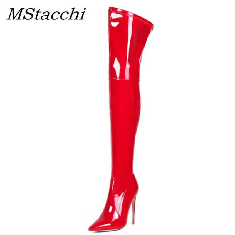 Najtaniej MStacchi kobiety Over buty do kolan kobieta skóry lakierowanej Stretch buty na wysokim obcasie Sexy Ladies Pointed Toe cienkie obcasy Botas Mujer