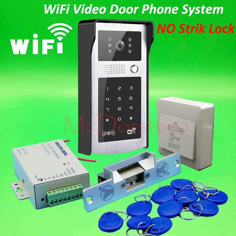 

Android ISO App WIFI Video Door Phone RFID & Code Keypad Doorbell No Electric Strike Lock System + Power Supply Access Control