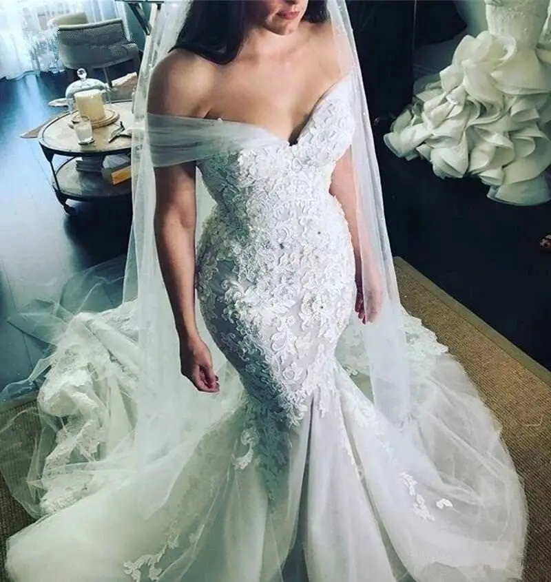 

Custom Made Sexy Mermaid Cap Sleeve Tulle Lace Appliques Luxury Wedding Dresses Long Formal Bridal Gowns YB12
