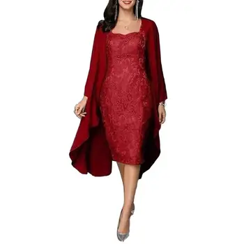 

Hot Fashion Women 2Pcs/Set Wedding Party Knee Length Mother of The Bride Lace Dress with Cardigan