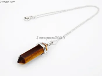 

Natural Tiger's Eye Gems Stones Hexagonal Pointed Healing Reiki Chakra Pendant Beads Silver 17'' Chain Necklace 5 Sets/Pack