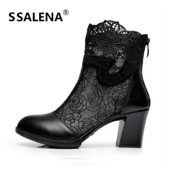 

Ankle Boots For Women High Square Heels Lace Boots Ladies Hollow Out Mesh Floral Elegant Boots Pointed Toe Shoes AA40219