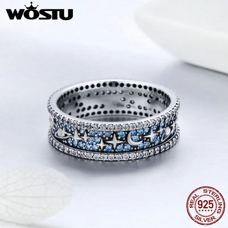 WOSTU, высокое качество, настоящее 925 пробы, серебряные, сверкающие, звездное небо, кольца на палец для женщин, серебряные ювелирные изделия, вечерние, свадебный подарок, DXR347