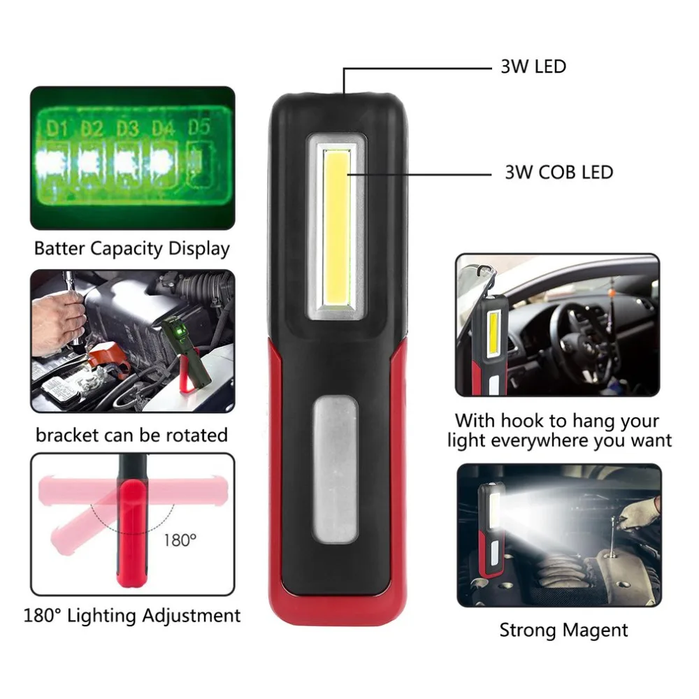 USB Перезаряжаемый светодиодный COB рабочий свет; мини-фонарик Фонарь подвесной светильник Открытый Кемпинг батарея Емкость дисплей 4 цвета