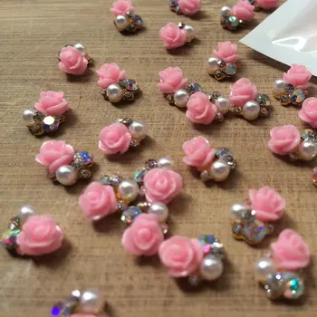 

10pcs Alloy Glitter 3d Nail Art Pink Rose Decorations with Rhinestones Flower Alloy Nail Charms